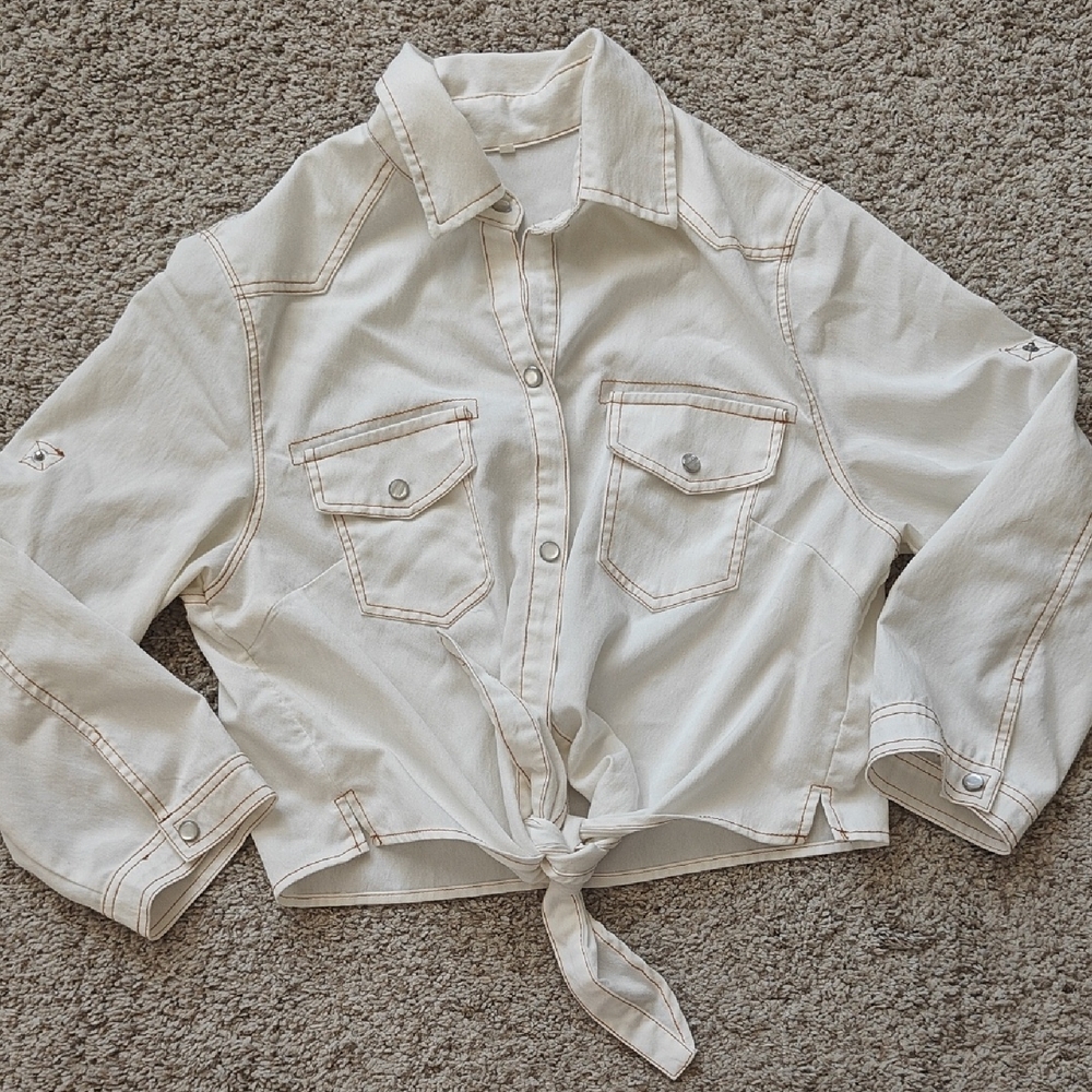 2/ $10. Cream Button Down Tie-Front Cropped Blouse